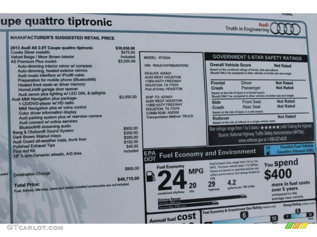 2013 Audi A5 2.0T quattro Coupe Window Sticker Photos