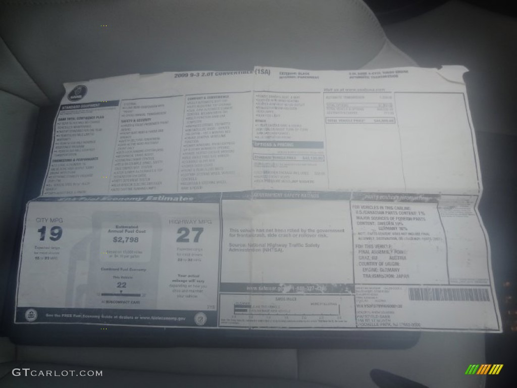 2009 Saab 9-3 2.0T Convertible Window Sticker Photo #83095346