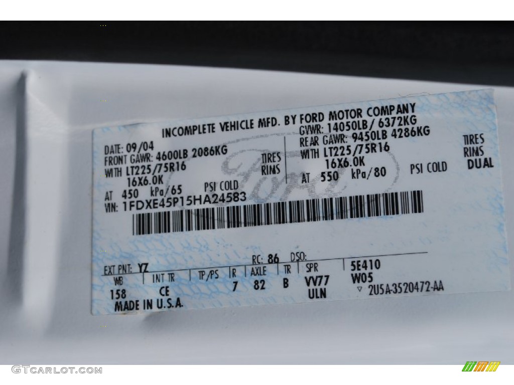 2005 E Series Cutaway Color Code YZ for Oxford White Photo #83129670