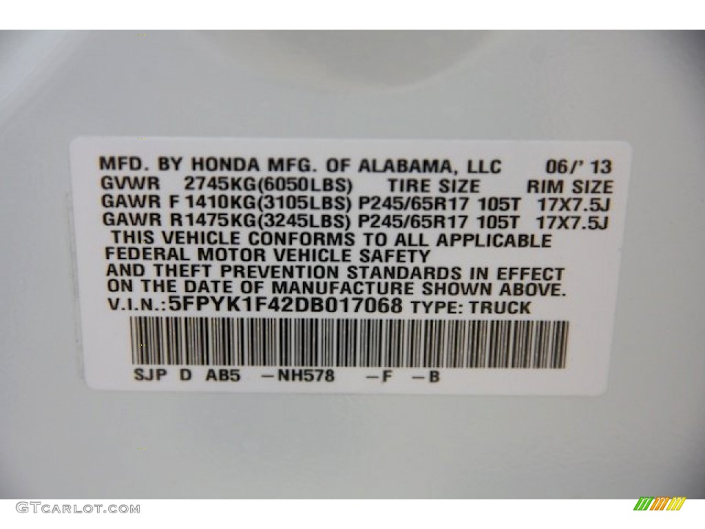 2013 Ridgeline Color Code NH578 for White Photo #83145336