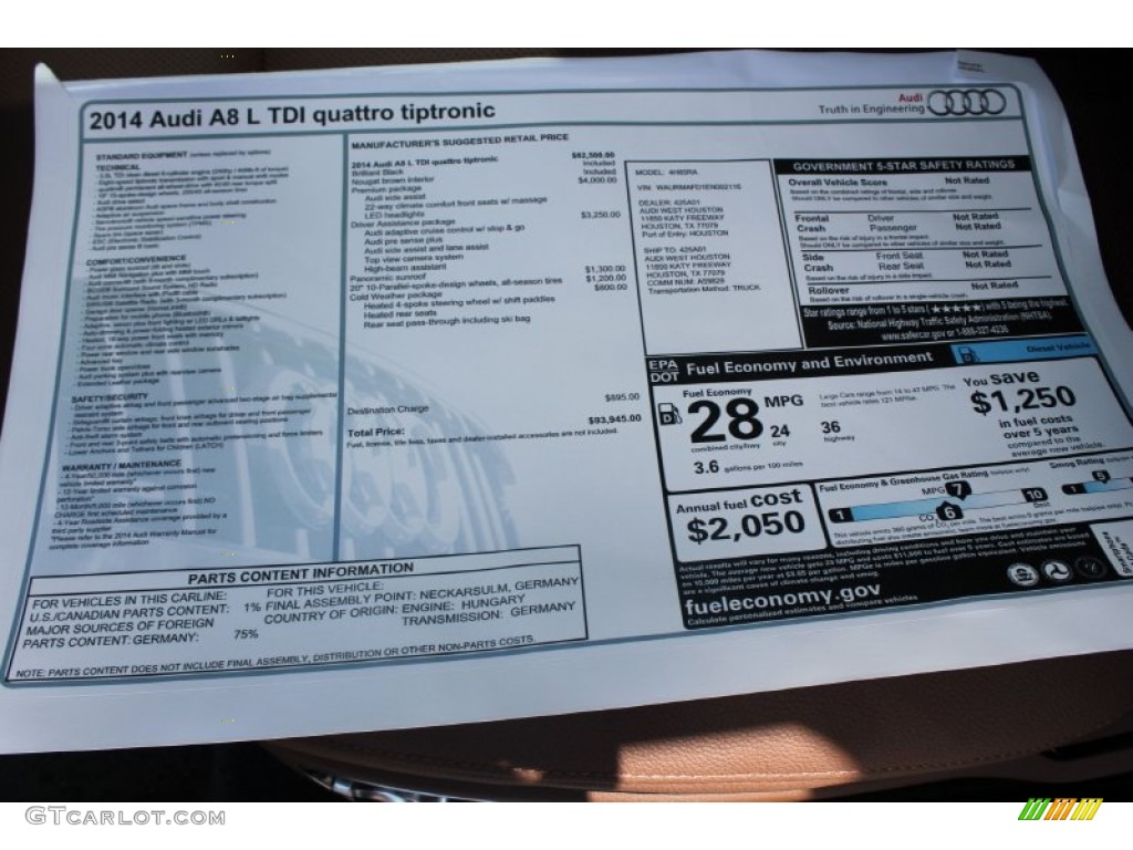 2014 Audi A8 L TDI quattro Window Sticker Photos