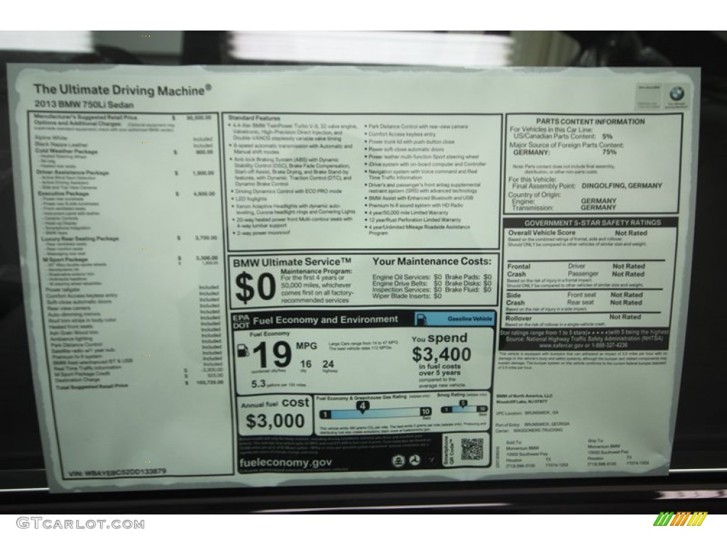 2013 BMW 7 Series 750Li Sedan Window Sticker Photos