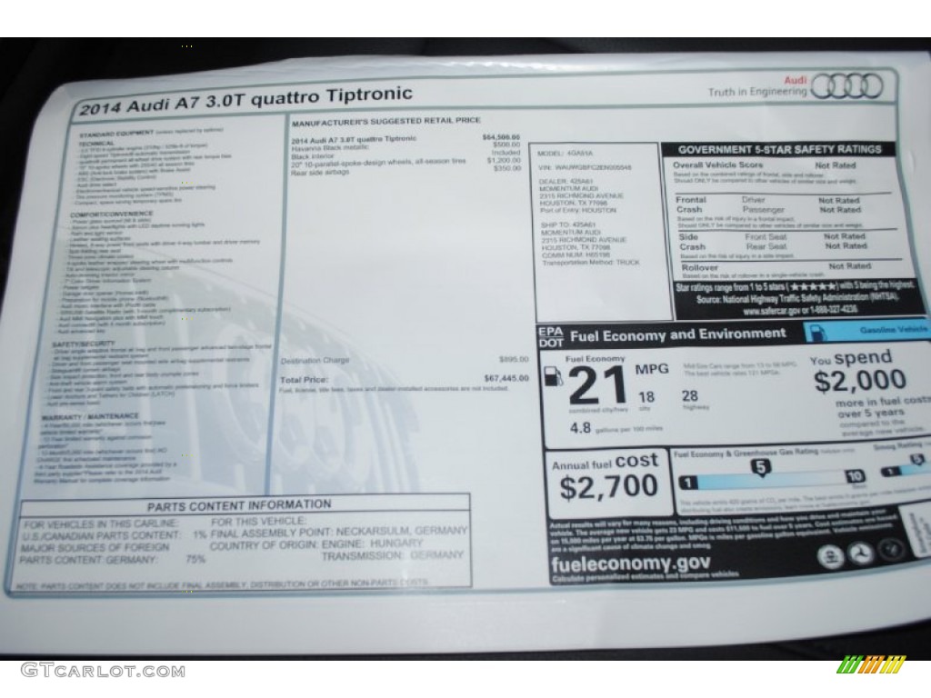 2014 Audi A7 3.0T quattro Premium Plus Window Sticker Photo #83246410