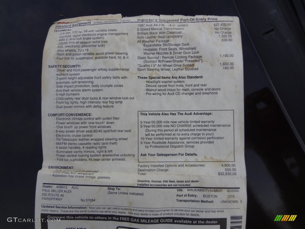 1997 Audi A4 2.8 quattro Sedan Window Sticker Photo #83332963