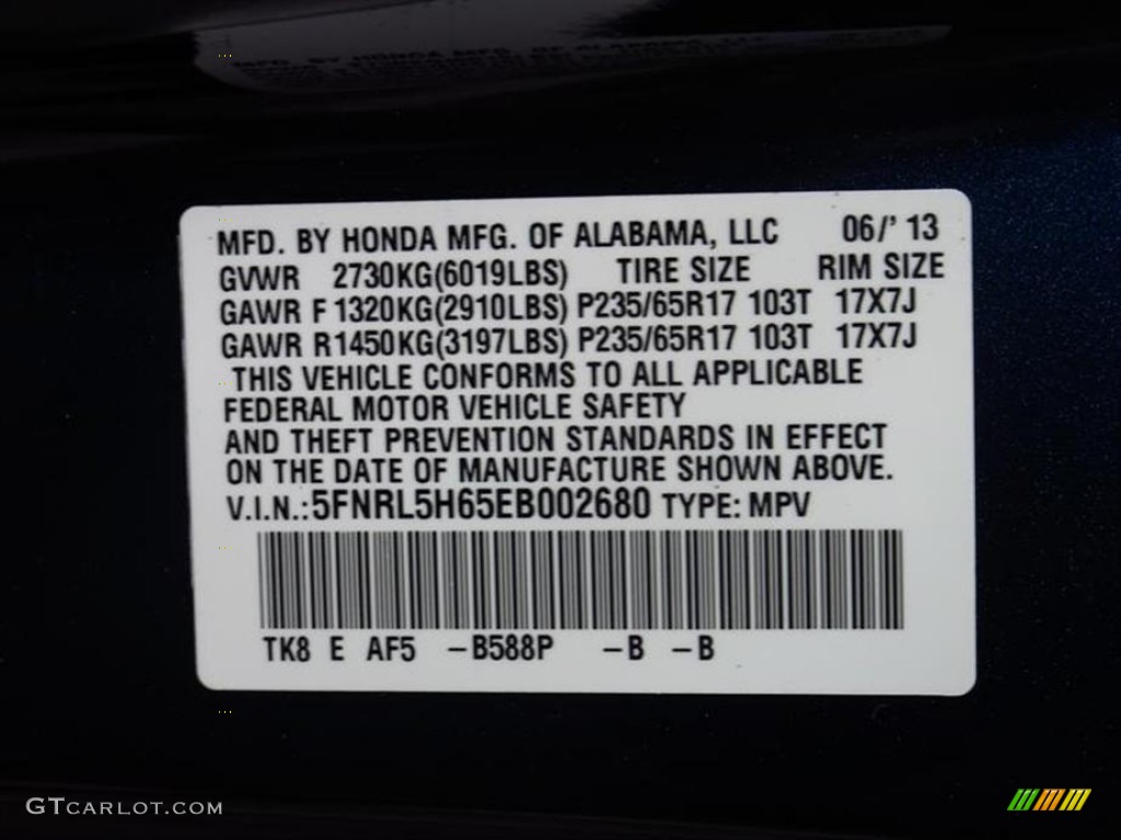 2014 Odyssey Color Code B588P for Obsidian Blue Pearl Photo #83344423