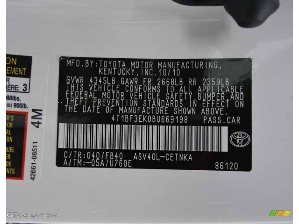 2011 Camry Color Code 040 for Super White Photo #83345983