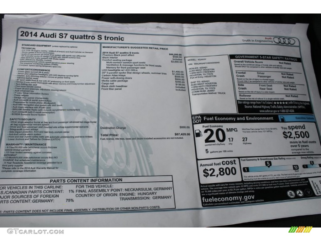 2014 Audi S7 Prestige 4.0 TFSI quattro Window Sticker Photo #83380450