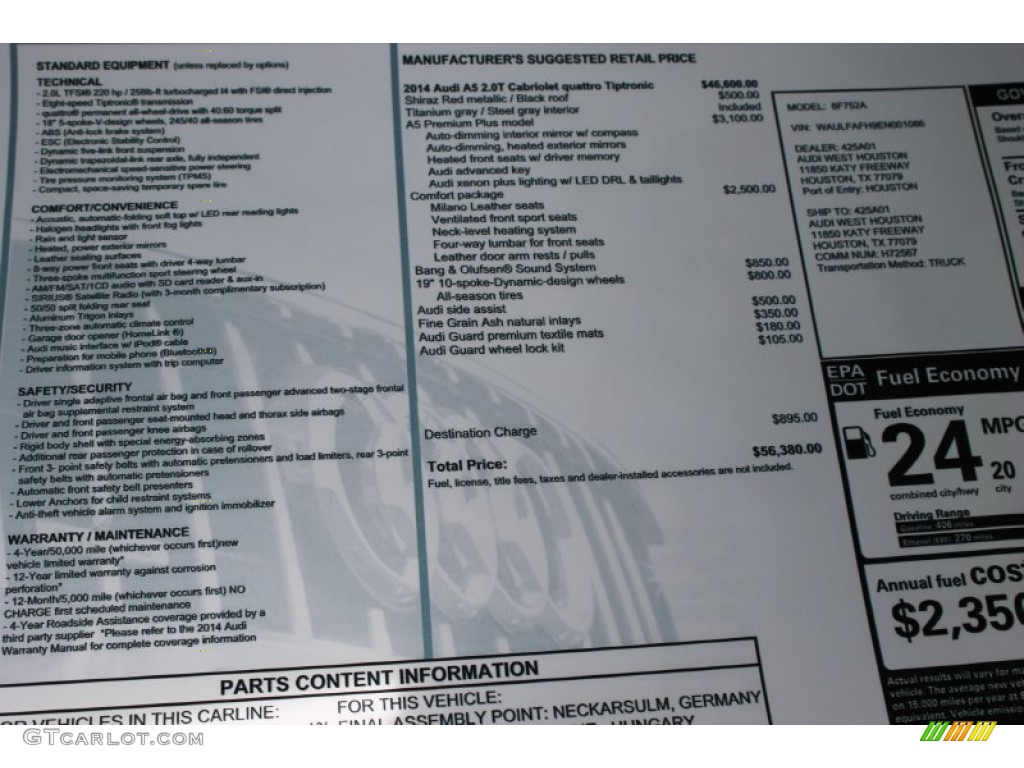 2014 Audi A5 2.0T quattro Cabriolet Window Sticker Photo #83382112