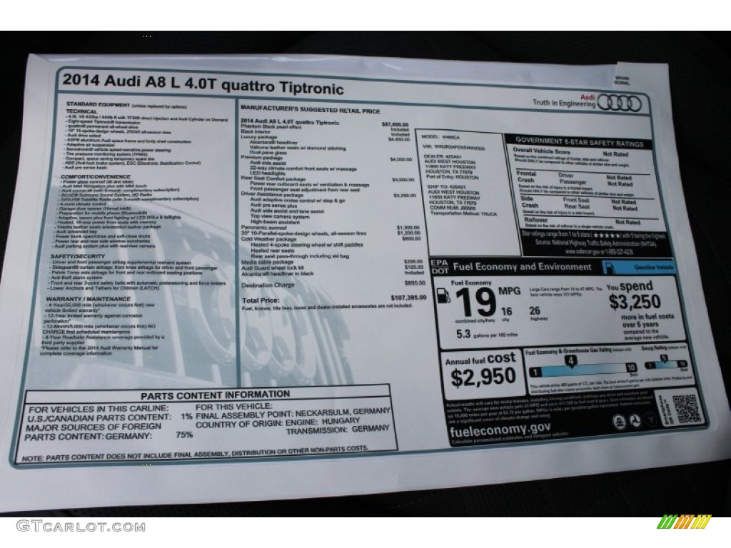 2014 Audi A8 L 4.0T quattro Window Sticker Photos