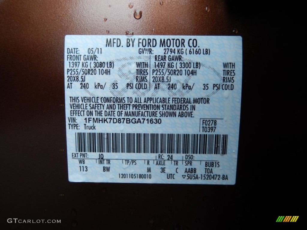 2011 Ford Explorer XLT Color Code Photos