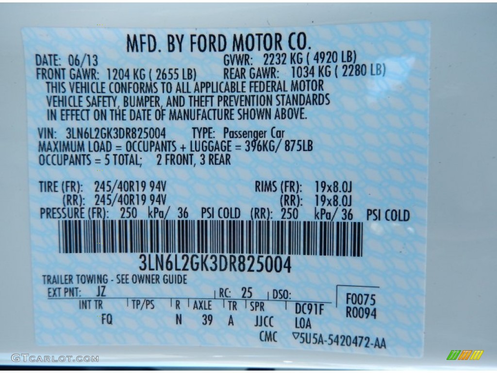 2013 Lincoln MKZ 3.7L V6 FWD Color Code Photos