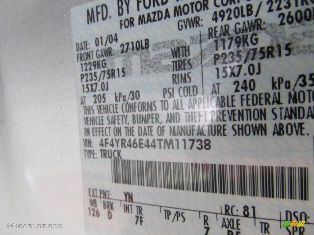2004 Mazda B-Series Truck B3000 Cab Plus Color Code Photos