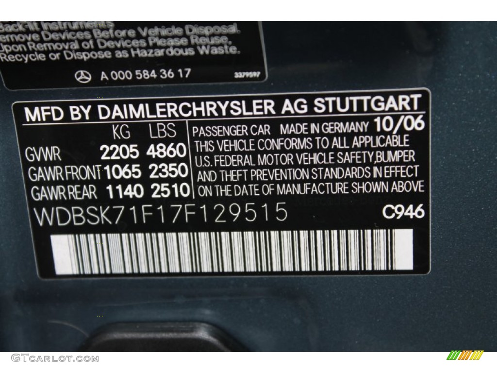 2007 SL Color Code 946 for Aegean Blue Metallic Photo #83511504