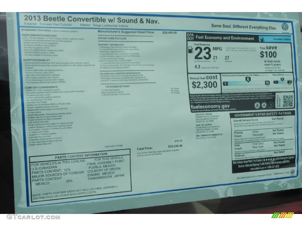 2013 Beetle 2.5L Convertible - Tornado Red / Beige photo #12