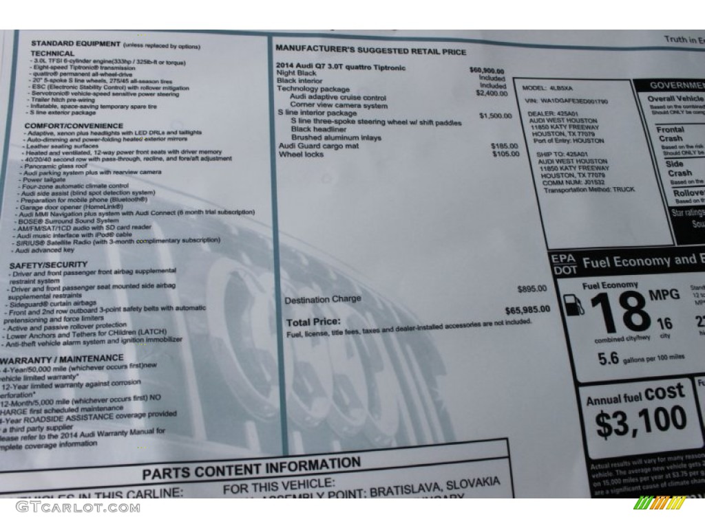 2014 Audi Q7 3.0 TFSI quattro S Line Package Window Sticker Photo #83527887