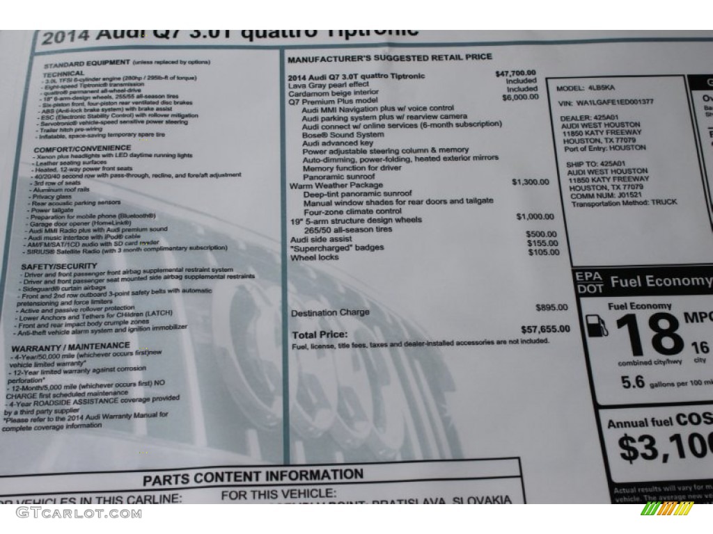 2014 Audi Q7 3.0 TFSI quattro Window Sticker Photo #83528985