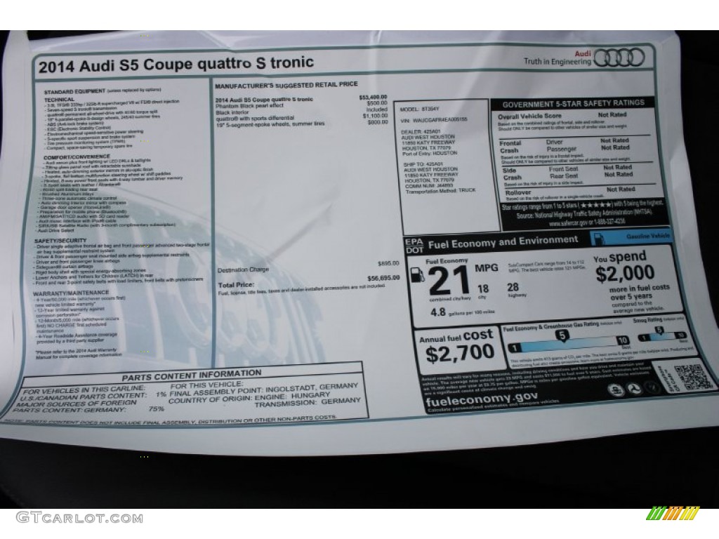 2014 Audi S5 3.0T Premium Plus quattro Coupe Window Sticker Photo #83529990