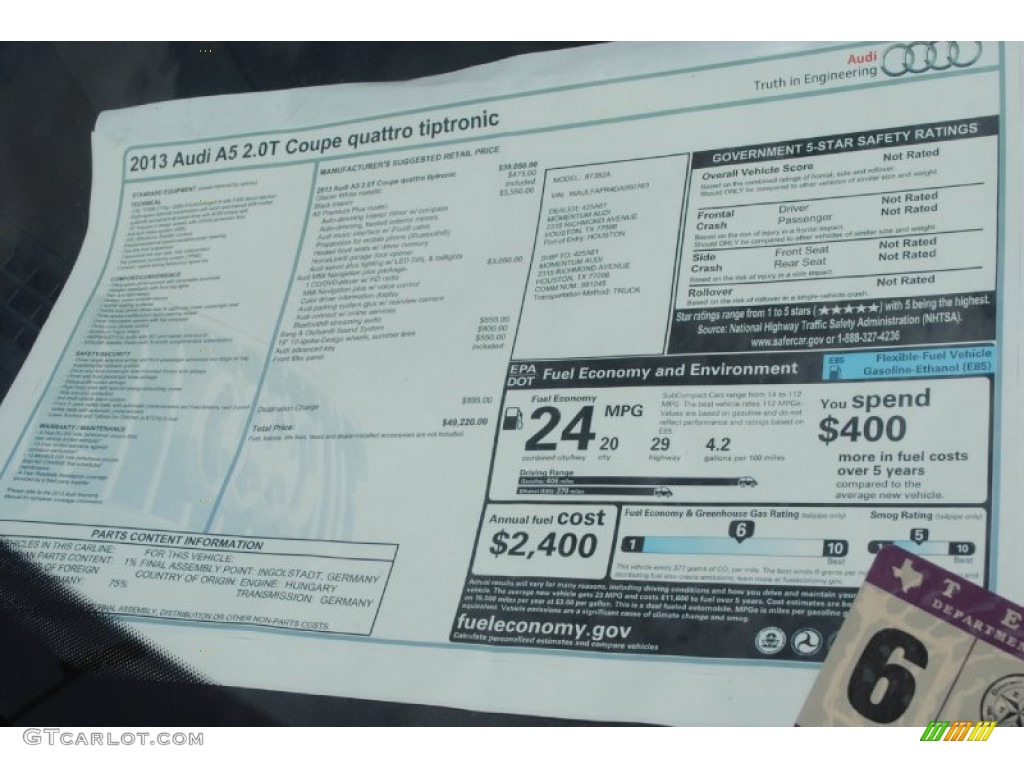 2013 A5 2.0T quattro Coupe - Glacier White Metallic / Black photo #10