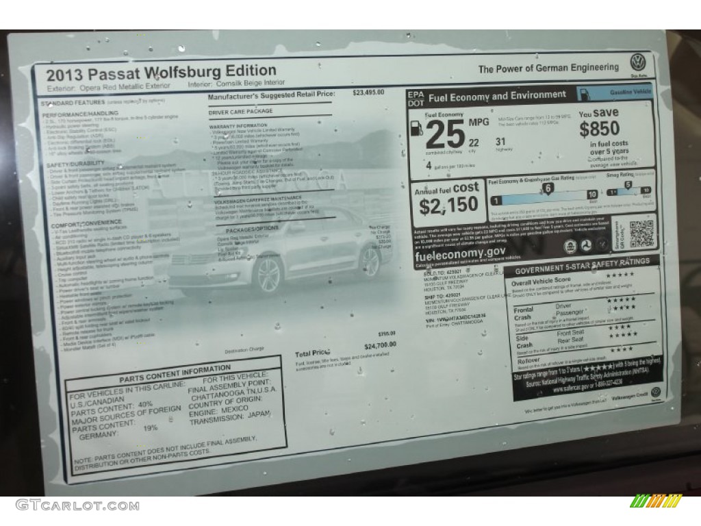 2013 Volkswagen Passat 2.5L Wolfsburg Edition Window Sticker Photo #83622573