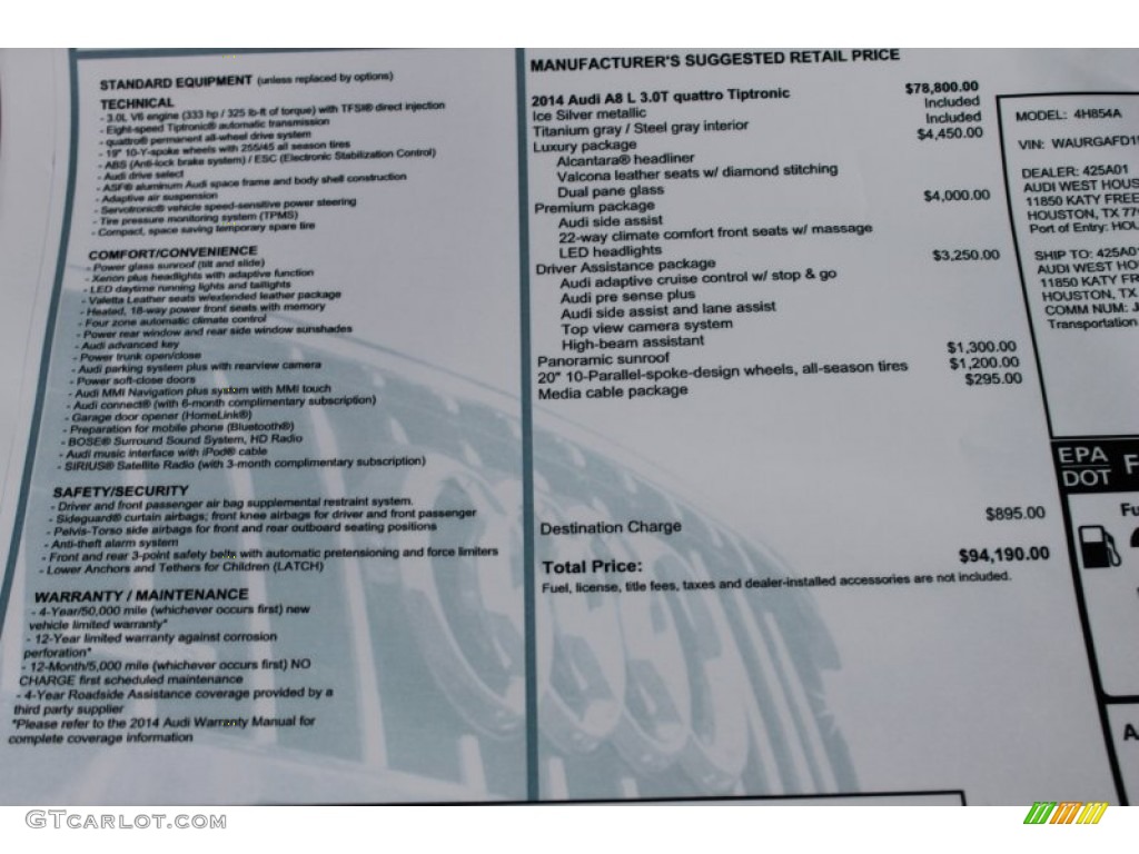 2014 Audi A8 L 3.0T quattro Window Sticker Photo #83632066