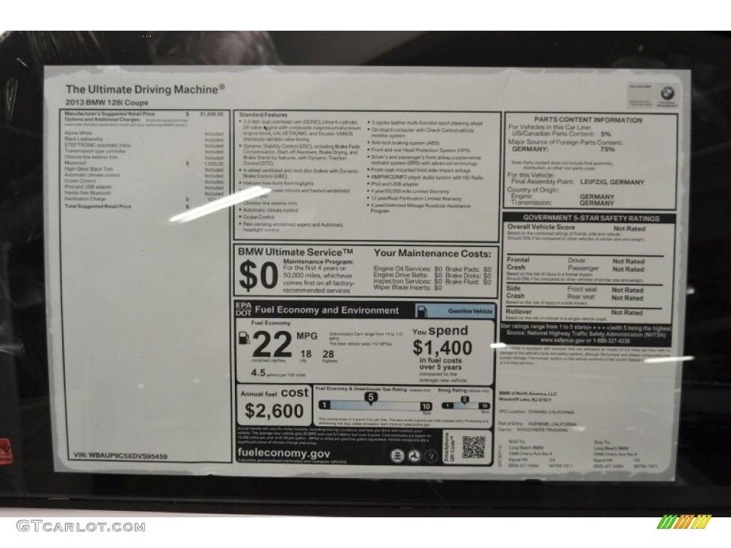 2013 1 Series 128i Coupe - Alpine White / Black photo #4
