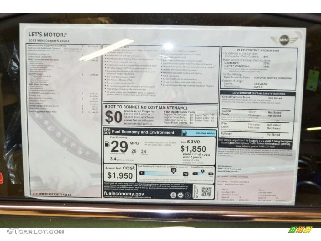 2013 Mini Cooper S Coupe Window Sticker Photo #83635085