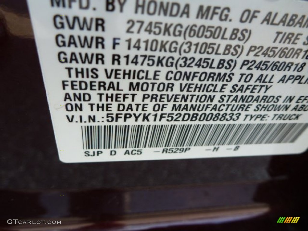 2013 Ridgeline Color Code R529P for Dark Cherry Pearl Photo #83651380