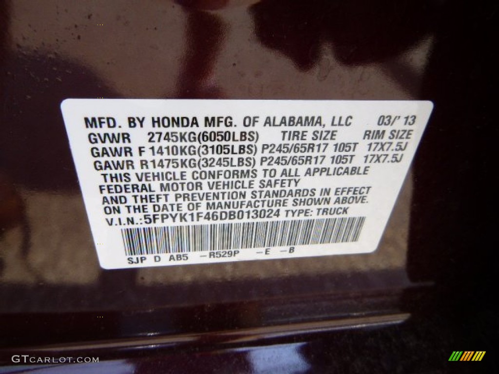 2013 Honda Ridgeline RTS Color Code Photos