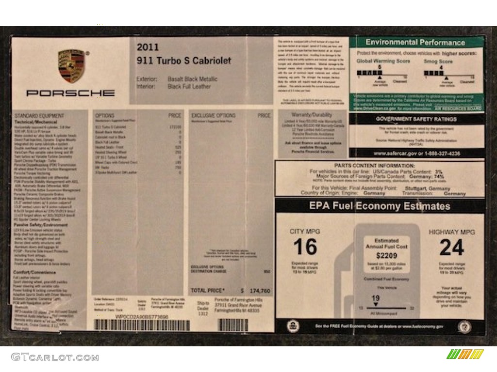 2011 Porsche 911 Turbo S Cabriolet Window Sticker Photo #83716885
