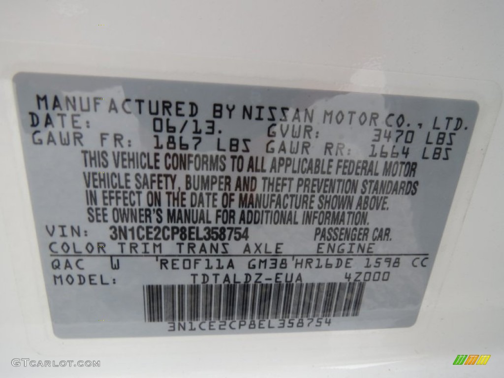2014 Versa Note Color Code QAC for Aspen White Photo #83731591
