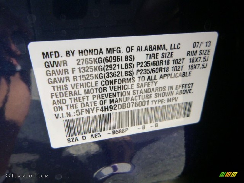 2013 Honda Pilot Touring 4WD Color Code Photos