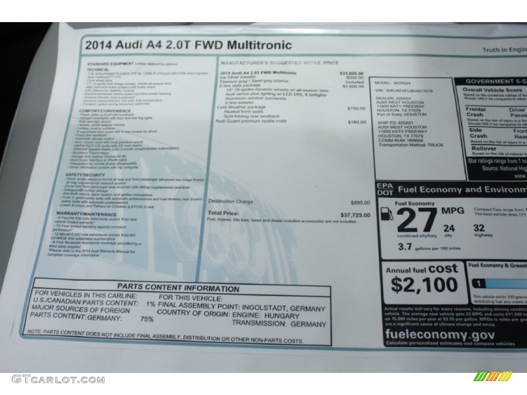 2014 Audi A4 2.0T Sedan Window Sticker Photo #83782876