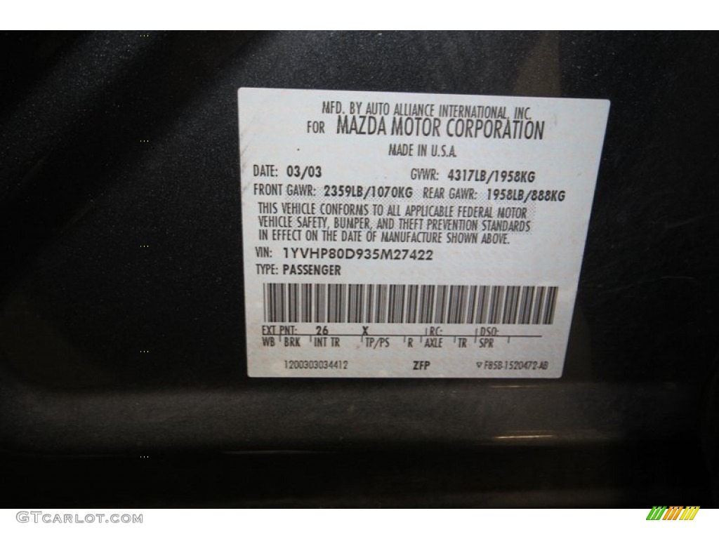 2003 MAZDA6 Color Code 26X for Dark Steel Metallic Photo #83799727
