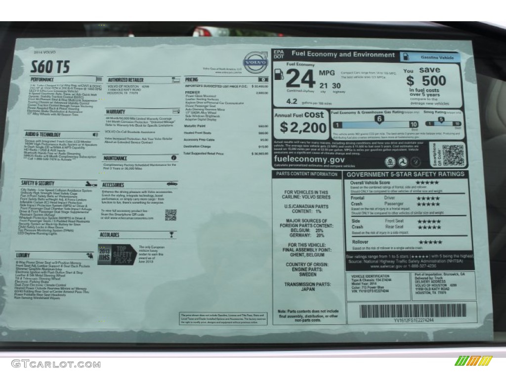 2014 Volvo S60 T5 Window Sticker Photo #83817400