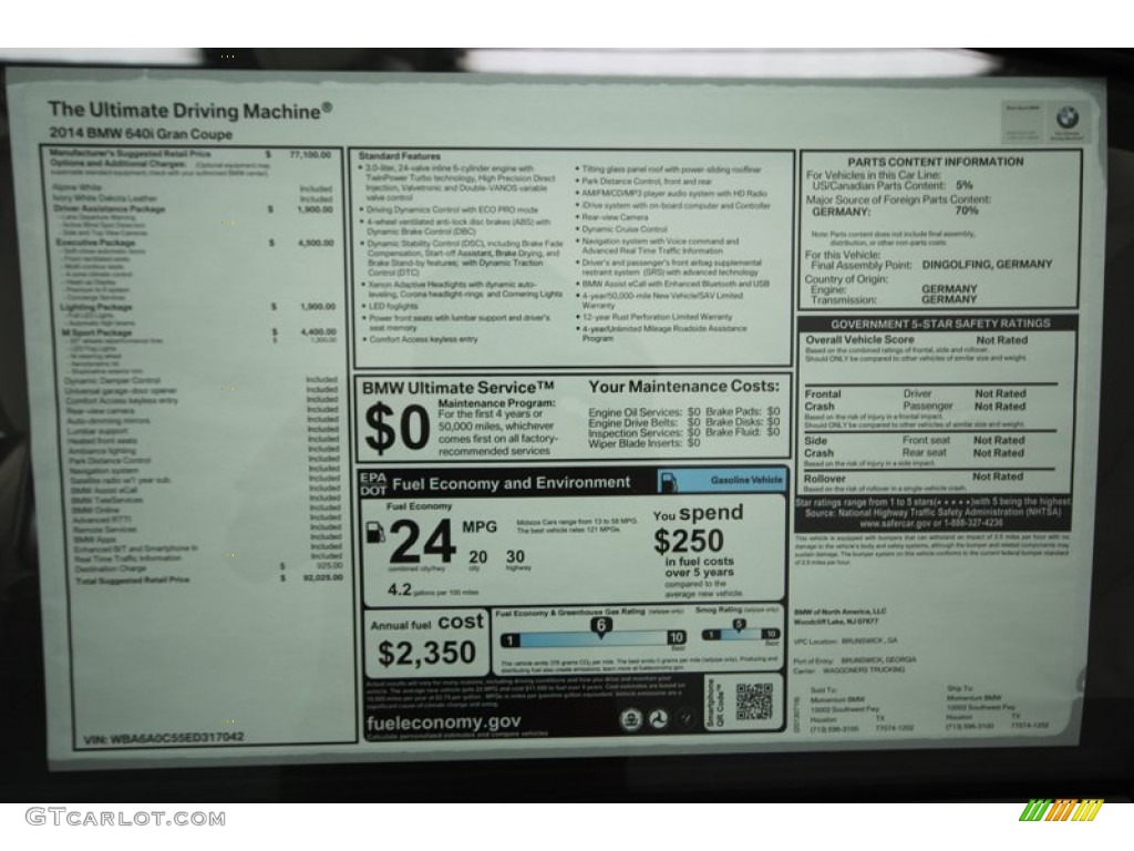 2014 BMW 6 Series 640i Gran Coupe Window Sticker Photo #83818636