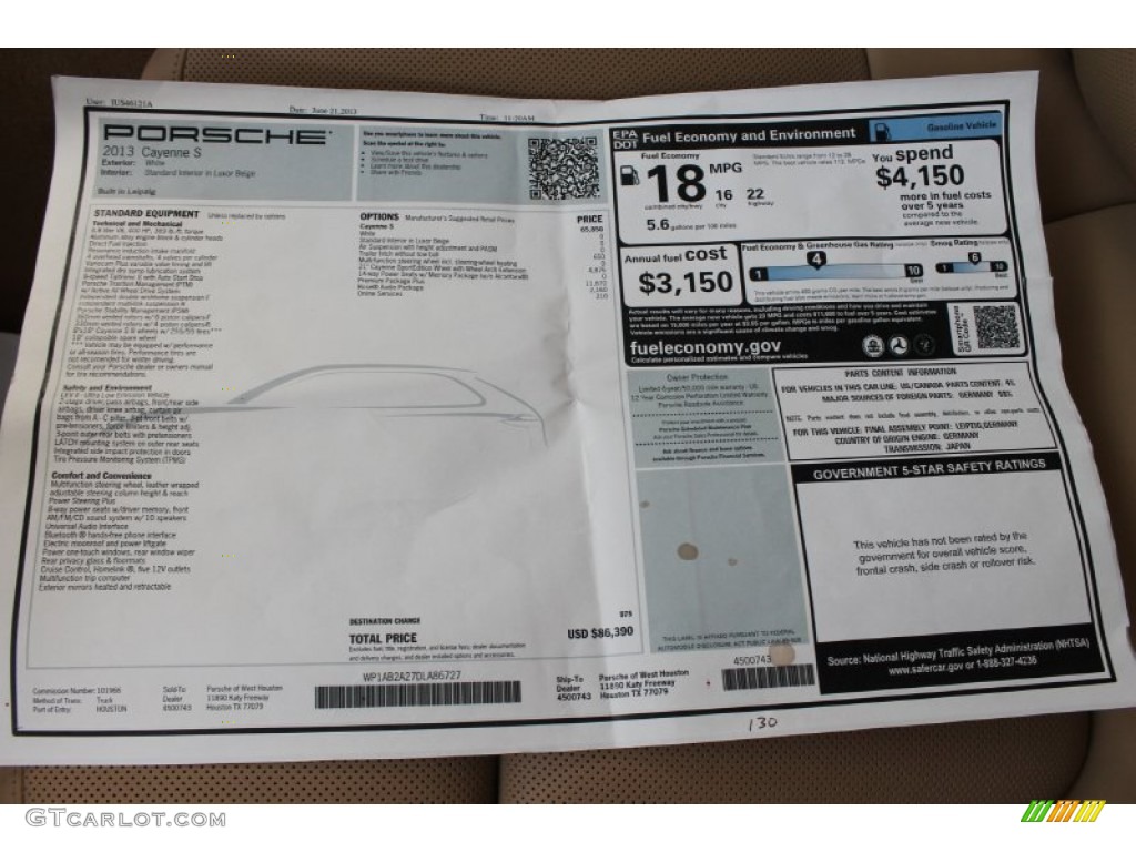 2013 Porsche Cayenne S Window Sticker Photo #83849274