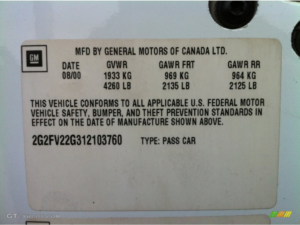 2001 Pontiac Firebird Trans Am Coupe Info Tag Photo #83858682