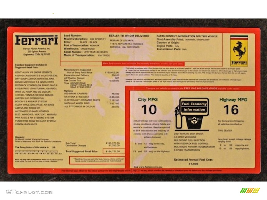 2004 Ferrari 360 Spider F1 Window Sticker Photo #83862651