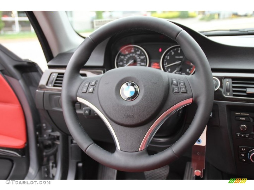 2011 BMW 3 Series 328i xDrive Coupe Coral Red/Black Dakota Leather Steering Wheel Photo #83863440