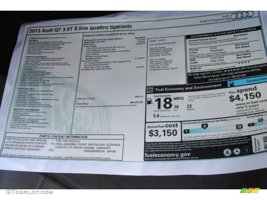 2013 Audi Q7 3.0 S Line quattro Window Sticker Photos