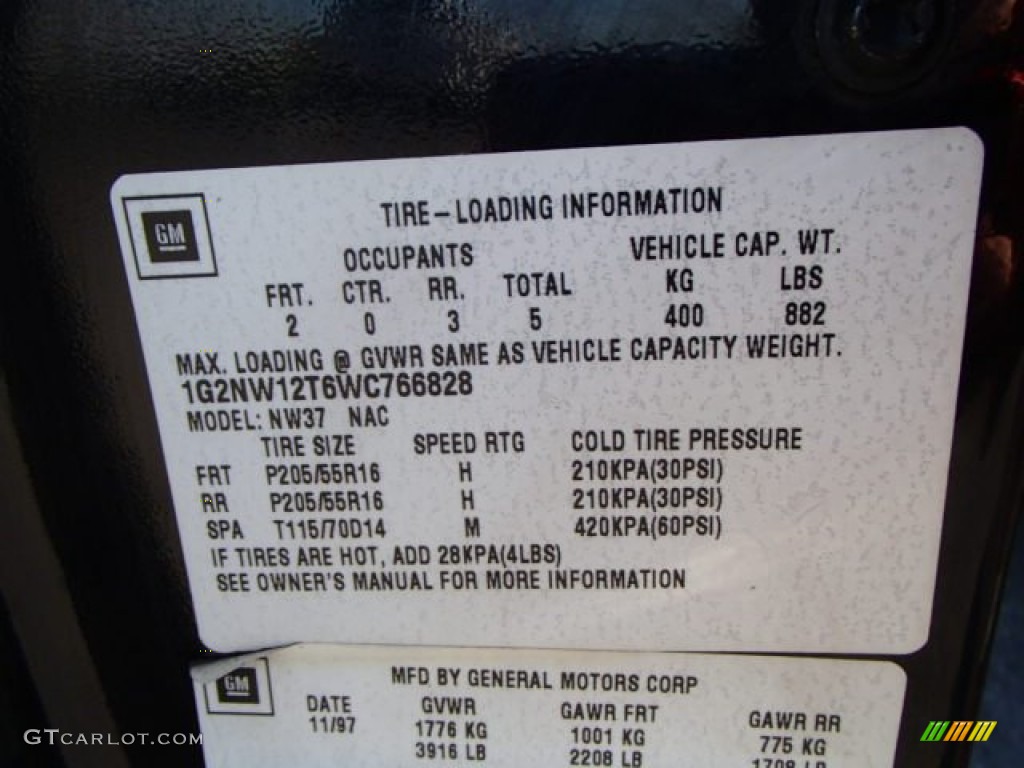 1998 Pontiac Grand Am GT Coupe Info Tag Photo #83903100