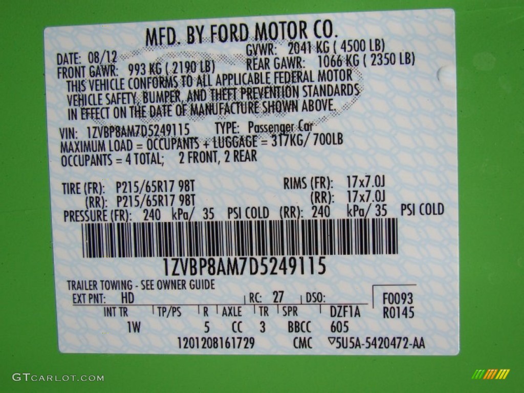 2013 Ford Mustang V6 Premium Coupe Color Code Photos