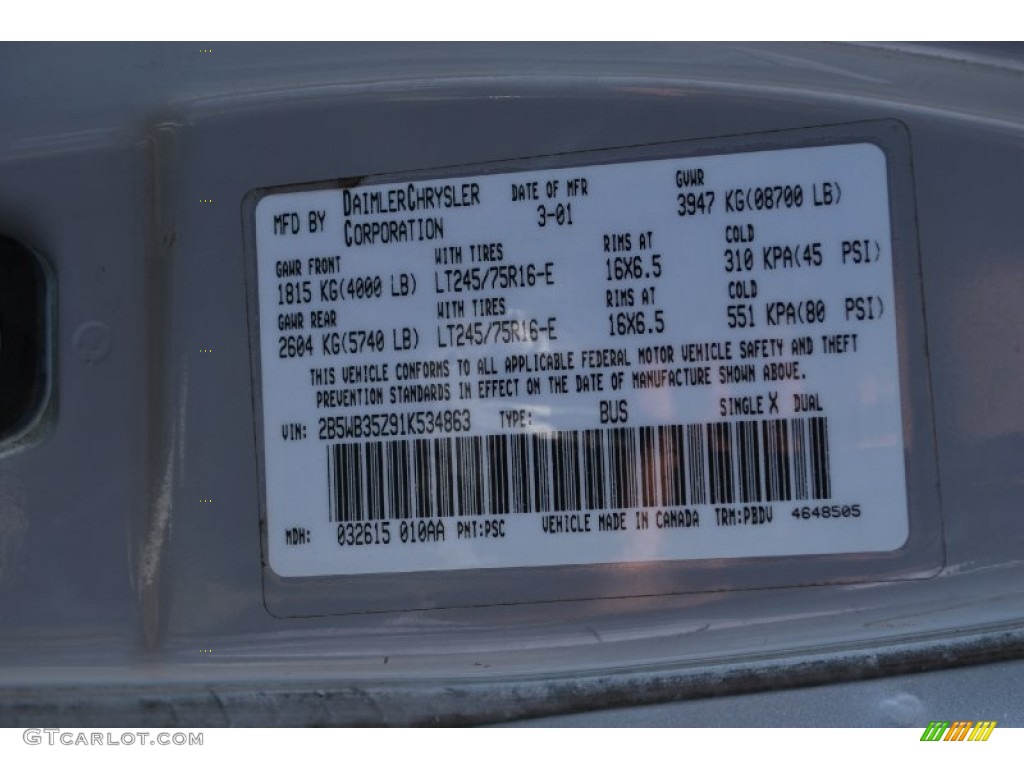 2001 Ram Van Color Code PSC for Bright White Photo #83938699