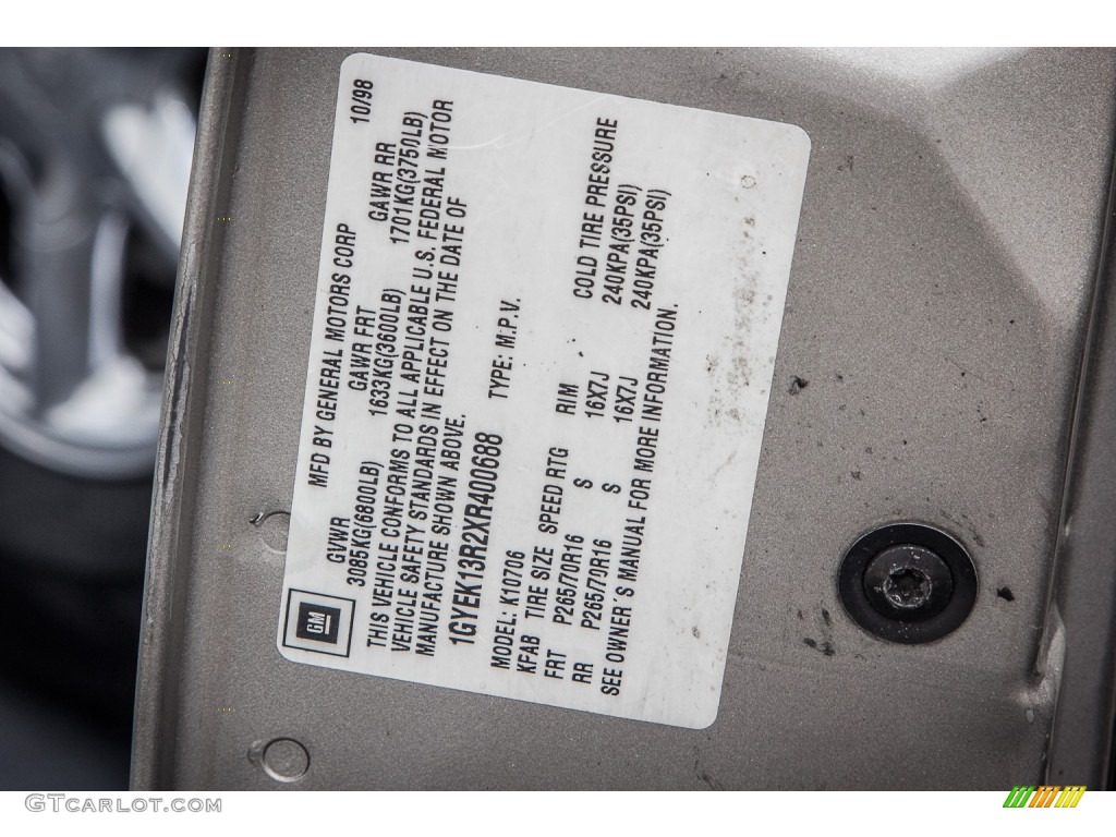 1999 Cadillac Escalade 4WD Info Tag Photos