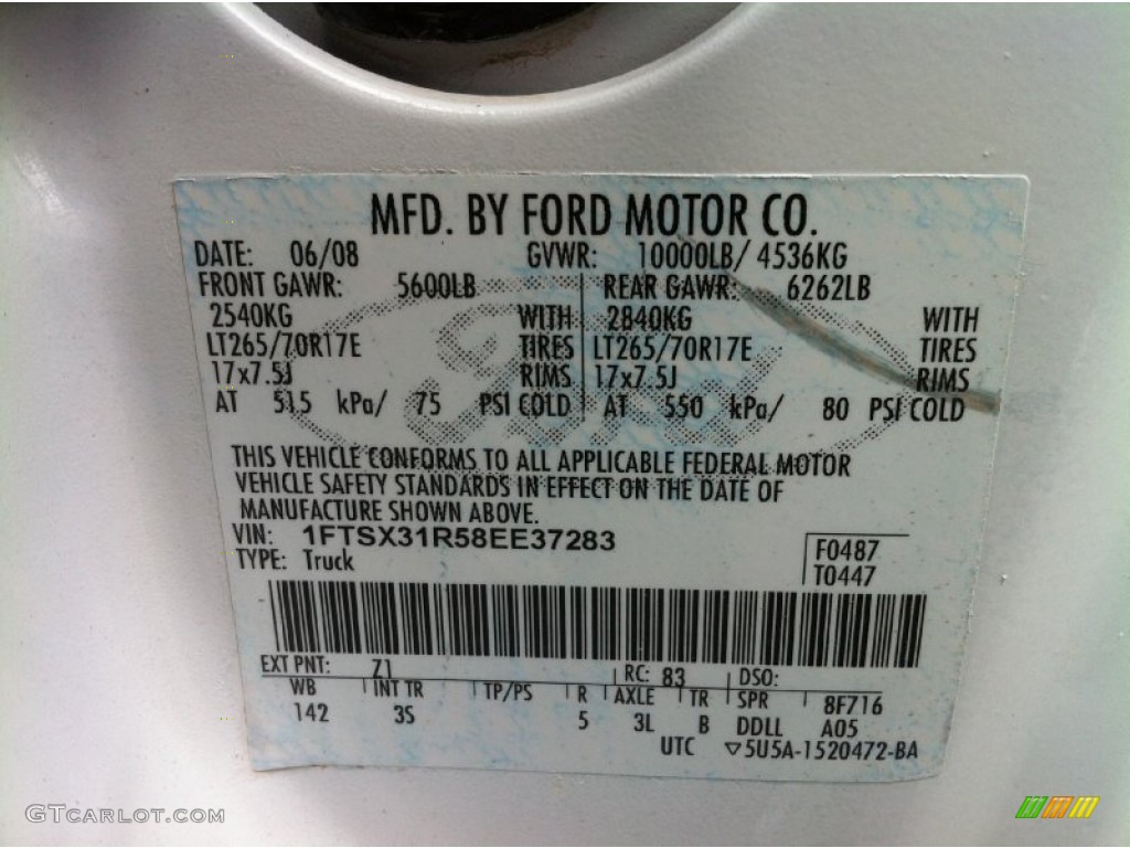 2008 Ford F350 Super Duty XL SuperCab 4x4 Color Code Photos