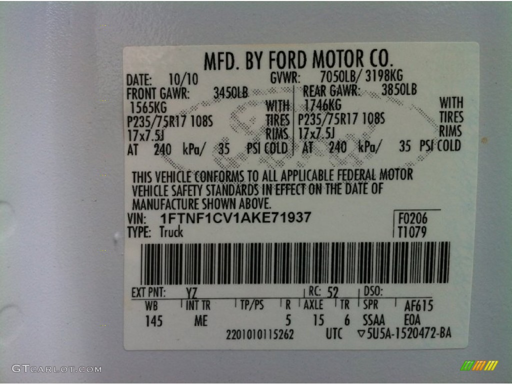 2010 Ford F150 XLT Regular Cab Color Code Photos