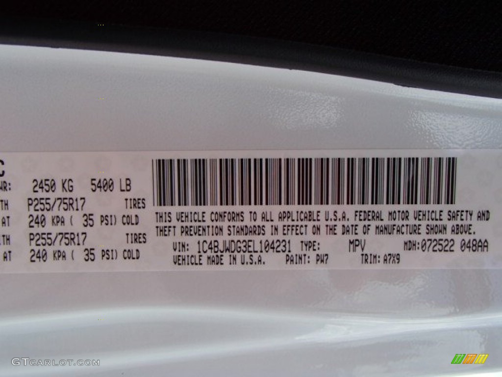 2014 Wrangler Unlimited Color Code PW7 for Bright White Photo #84011433