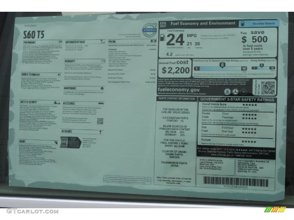 2014 Volvo S60 T5 Window Sticker Photo #84027357