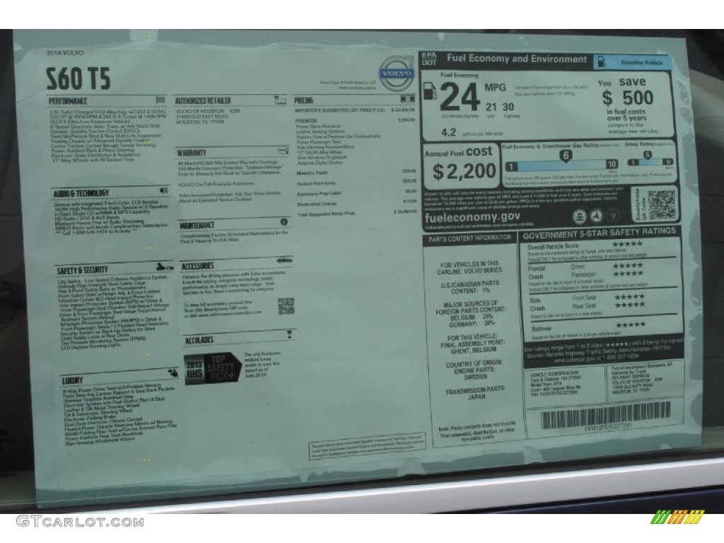 2014 Volvo S60 T5 Window Sticker Photo #84027927