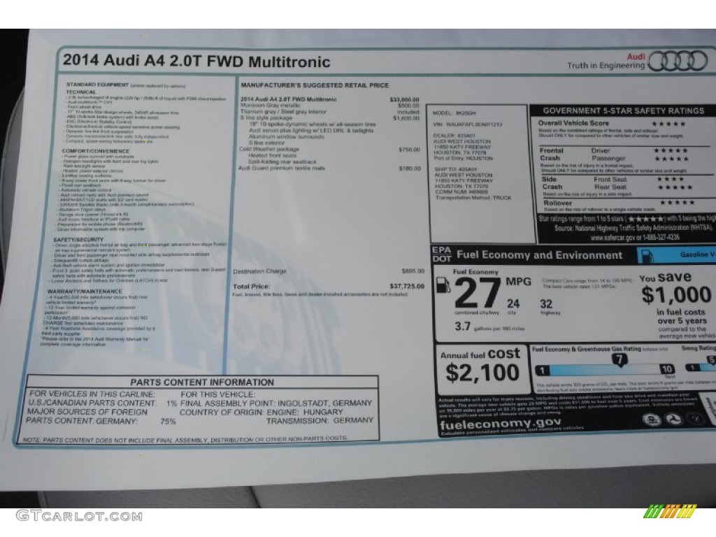 2014 Audi A4 2.0T Sedan Window Sticker Photo #84039522